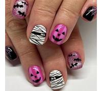 Boloshine 24Pcs Halloween Short Pink Press on Nails With Mummies & Bats Pattern, Glossy Acrylic Fake Stick on Artificial Nails for Women Girls Cosplay Decoration Nail Art