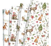 Bolsome 12 Sheets Woodland Christmas Animal Gift Wrapping Paper Bear Fox Reindeer Bird Poinsettia Pattern Wrap Paper for Christmas Party DIY Craft, 20 × 28 Inches