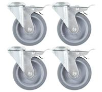 Bolt Hole Swivel Casters Grey 100mm TPR Zinc-Coated Iron Pro Set of 8 (4 Brakes)