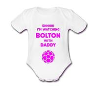 BOLTON PINK Shhhh! I'm watching with Daddy Mummy Grandad Unique Football Babygrow Cute Funny Baby Vest Grow Girls Girl Gift Clothes Top Kit Bodysuit