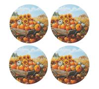 BoltPack Autumn Harvest Print Drinks Round Coaster With Cork Base,Set Of 4 Coasters,Tabletop Protection Mat For Mugs And Cups