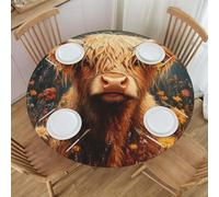 Boltpack Highland Cow Print Tablecloth With Elastic Edge, Round Table Cover Washable Reusable Table Cloths For Kitchen Dining Party