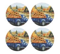 BoltPack Watercolor Truck Harvest Print Drinks Round Coaster With Cork Base,Set Of 4 Coasters,Tabletop Protection Mat For Mugs And Cups
