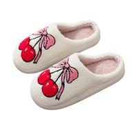 bolukets Fluffy Slippers for Women and Men Warm Plush Cartoon Fuzzy Cushion Slides House Slippers for Indoor and Outdoor Cherry Bow 38-39