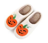 bolukets Halloween Pumpkin Slippers for Women Men Winter Plush Warm Spooky Lantern Slides Fuzzy House Shoes for Indoor Outdoor White Smile Pumpkin 41-42