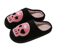 bolukets Halloween Pumpkin Slippers for Women Men Winter Plush Warm Spooky Lantern Slides Fuzzy House Shoes for Indoor Outdoor Black Skull 44-45