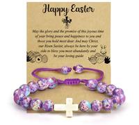 Bolvinaso Easter Basket Stuffers, Easter Cross Bracelet Gifts for Girls Teens Women, Adjustable Stone Beaded Christian Bracelet with Cross Charm, Easters Card & Velvet Pouch