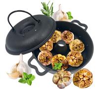 BOLVOUD Large Garlic Roaster, Cast Iron Garlic Roaster for Grill Oven, Outdoor Camping Cookware Garlic Roasting Pot Dutch Oven with Lid, Roast Vegetables Skillets Round Pan, BBQ Grilling Gifts for Men
