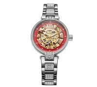BOLYTE Automatic & Manual Women's Watch - Skeleton Dial, Transparent Case Back, Crystal-Studded Stainless Steel Bracelet with Butterfly Clasp (Silver - Red)