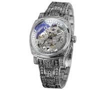BOLYTE Men's Skeleton Watch Mechanical Automatic Hand Wind in Square Case Vintage Engraved Steel Bracelet & Deployant Clasp, Retro Gift for Him (Silver)