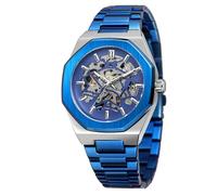 BOLYTE Skeleton Mechanical Watch for Men - Automatic Self-Winding Open Heart Design, Octagonal Case, Stainless Steel Band - Premium Skeleton Watch for Casual & Formal Wear (Silver Blue)