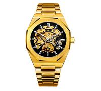 BOLYTE Skeleton Mechanical Watch for Men - Automatic Self-Winding Open Heart Design, Octagonal Case, Stainless Steel Band - Premium Skeleton Watch for Casual & Formal Wear (Gold Black)