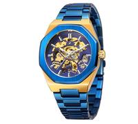 BOLYTE Skeleton Mechanical Watch for Men - Automatic Self-Winding Open Heart Design, Octagonal Case, Stainless Steel Band - Premium Skeleton Watch for Casual & Formal Wear (Gold Blue)