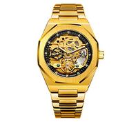 BOLYTE Tourbillon Design Men's Analog Automatic Stainless Steel Wrist Watch Mechanical Skeleton Male Clock (Gold Black)