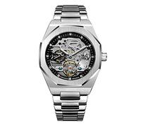 Tourbillon Design Men's Analog Automatic Stainless Steel Wrist Watch Mechanical Skeleton Male Clock (Silver Black)