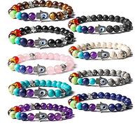 BOMAIL 2-9pcs Evil Eye Bracelet Set Hamsa 7 Chakra Gemstone Lava Stone Bracelets Blue Evil Eye Hamsa Charm Bead Bracelets for Men Women Hand of Fatima Bracelet, 6.7 Inch, Stone, Agate