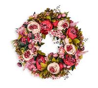 BOMAROLAN Artificial Peony Flower Wreath 19Inch Vintage Blooming Silk Peonies Spring Summer Fall Winter Large Wreaths Flower Green Leaves for Outdoor Front Door Indoor Wedding Wall Or Window Décor