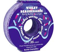 Bomb Cosmetics Body Buffer Soap Infused Sponge 2 in 1 Cleanse Exfoliate Moisturising Triple Butter Soap Sponge with Soap Inside Violet Beauregarde