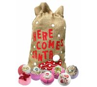 Bomb Cosmetics Christmas Here Comes Santa Set - 7 Full-Size Festive Bath Bombs in Reusable Hessian Sack, Relaxation and Self-Care