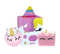 Bomb Cosmetics Mini Character Gift Box - Bath Body Set Bath Bomb Blaster & Soap Duo Cruelty-Free, Pure Essential Oils (Me to U-nicorn)