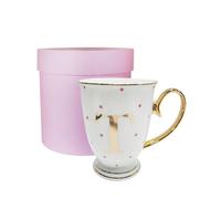 Bombay Duck 13 x 13 x 12 cm Letter T Alphabet Spotty Metallic Mug with Fuchsia Spots, White/Gold