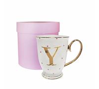 Bombay Duck 13 x 13 x 12 cm Letter Y Alphabet Spotty Metallic Mug with Fuchsia Spots, White/Gold