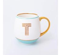 Bombay Duck Fine Bone China Coffee Cup, 450ml, White with Gold and Pink Accents, Monogram Letter Design, Literary Theme, Hot Beverages, Gift-Ready, Mug, Letter T