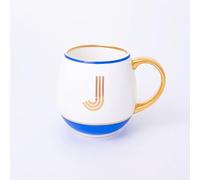Bombay Duck Library Monogram Fine Bone China Mug, White & Blue with Pink & Gold Details, 450ml, Striped Gift Box, Hand Wash Only, Letter J