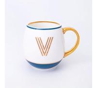 Bombay Duck Library Monogram Fine Bone China Mug, White & Blue with Pink & Gold Details, 450ml, Striped Gift Box, Hand Wash Only, Letter V