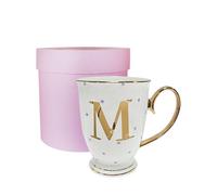 Bombay Duck VIA100M Alphabet Spotty Metallic Mug Letter M Gold with Lilac Spots, Porcelain, White, 13x13x12 cm