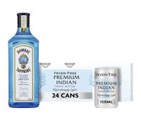 BOMBAY SAPPHIRE London Dry Gin and Fever-Tree Tonic Kit, 40%vol, 70 asy-to-Serve Mixer Kit with Bombay Gin (700ml) + Fever-Tree Light Indian Tonic Water (8x150ml, 3 Pack, Total 24 Cans)