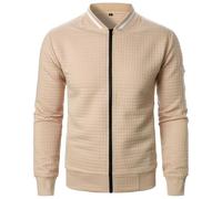 Bomber Jacket Men UK Solid Color Sweatshirts Baseball Jackets Full Zip Stand Collar Coats Lightweight Thin Waffle Coat Long Sleeve Tops Sportwear Plain Outerwear with Pockets S-3XL Khaki