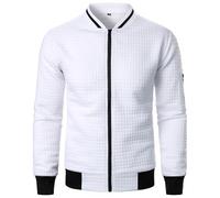 Bomber Jacket Men UK Solid Color Sweatshirts Baseball Jackets Full Zip Stand Collar Coats Lightweight Thin Waffle Coat Long Sleeve Tops Sportwear Plain Outerwear with Pockets S-3XL White
