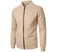 Bomber Jacket Men UK Waffle Baseball Jackets Solid Color Sweatshirts Full Zip Stand Collar Coats Lightweight Thin Coat Long Sleeve Tops Sportwear Plain Zipper Outerwear with Pockets S-3XL Khaki