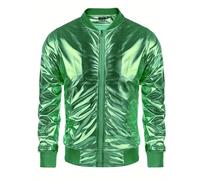 Bomber Jacket Men's Shiny Metallic Baseball Jacket Glossy Sparkles Blouson Jacket Disco 70s Leisure Jacket Full Zip Shiny Stand-Up Collar Jacket Vintage Transition Jacket, Green, M