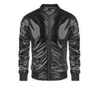 Bomber Jacket Men's Shiny Metallic Baseball Jacket Glossy Sparkles Blouson Jacket Disco 70s Leisure Jacket Full Zip Shiny Stand-Up Collar Jacket Vintage Transition Jacket, black, M