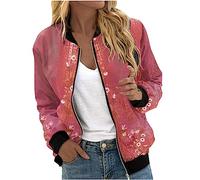 Bomber Jacket Women Ladies Jackets Full Zip Softshell Flight Jacket Floral Printed Coats Comfy Stand Collar Windbreaker Lightweight Long Sleeve Outerwear with Pockets Size 8-16