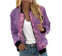 Bomber Jacket Women Ladies Jackets Full Zip Softshell Flight Jacket Floral Printed Coats Comfy Stand Collar Windbreaker Lightweight Long Sleeve Outerwear with Pockets Size 8-16
