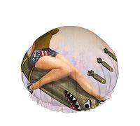 Bombs Away Girl Shower Cap,Retro Pin-Up Girl Sitting On The Bomb Waterproof Double Layer Bath Caps Perfect For All Hair Lengths And Thicknesses