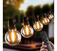 Bomcosy Outdoor String Lights Dimmable 50FT, 15M LED Festoon Lights with Remote Control Mains Powered with 26 Shatterproof G40 Plastic Bulbs, Waterproof Garden Light