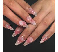 Bomesy Blush Pink Press on Nails with Flower Butterfly Pearl Charms 3D Water Ripple Golden Lines Design Medium Almond Cute Fake Nails for Women Girls Acrylic Faux Ongles a Coller (Almond Blush Pink)