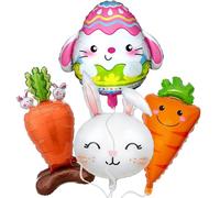 Bomesy Easter Balloons 4Pcs - Large Bunny Balloon & Rabbit Egg & Carrot Balloons, Easter Foil Balloons with Ribbon and Plastic Straws, Happy Easter Party Decoration Balloons for Kids Children