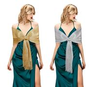 Bomiclss Gold Shawls, 2PCS Sparkling Metallic Shawls and Wraps with Buckle Shrug, Elegant Tassel Design, for Bridal Bridesmaid Wedding & Formal Ball (Gold, Silver)