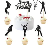 BOMJJOR 7 Pack Happy Birthday Cake Topper and MJ Necklace Dance King Forever Birthday Cake Topper Michael Pendant Theme Party Cake Decorations