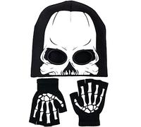 BOMJJOR Fingerless Skeleton Gloves and Skull Maskfor Kids Glow in Dark Unisex Hand Riding Knit Gloves Halloween Black (Glove and beanie)