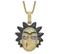 BOMJJOR Rick Pendant Necklace Character Micro-encrusted Zircon Hip Hop Crazy Rick Chain Necklace, 1.89 x 2.68 inches (pendant), 19.6 inches (chain), Zinc, Rhinestone
