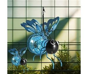 BomKra Bee Solar Lights Outdoor Garden Hanging Metal Bees Lanterns Novelty Bugs Ornament with Bouncy Springs, Solar Fairy Garden Lights for Decorations Balcony (2Pack Blue-B)