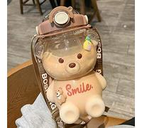 BomKra Kawaii Bear Water Bottle,Cute Water Bottle with Straw and Stickers,BPA Free,Leak-Proof,Novelty Drinking Bottle with Adjustable Shoulder Strap for Kids Girls Travel School Office (1000ml)