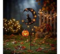 BomKra Solar Halloween Black Cat & Pumpkin Moon Garden Stake Light, Halloween Garden Decorations Outdoor, Hanging Pumpkin Lantern, Outdoor Decor for Yard Pathway Patio