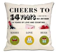 Bommex 14th Anniversary Present 14 Years of Marriage Gift Cheers Cushion Cover 18x18 Inch with 3 Pockets for Couples Wedding Cushion Cover for Husband Wife Mum Dad (14th anniversary)